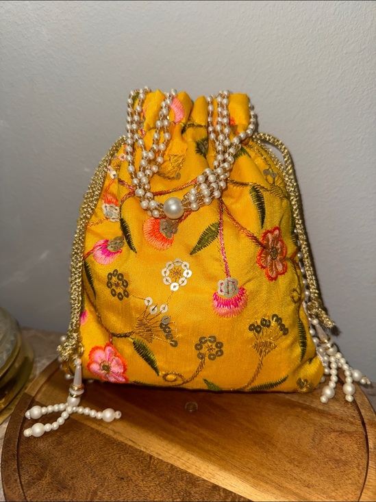 Ethnic Indian Wear Handbags - Yellow Floral Embroidered Indian potli Bag
